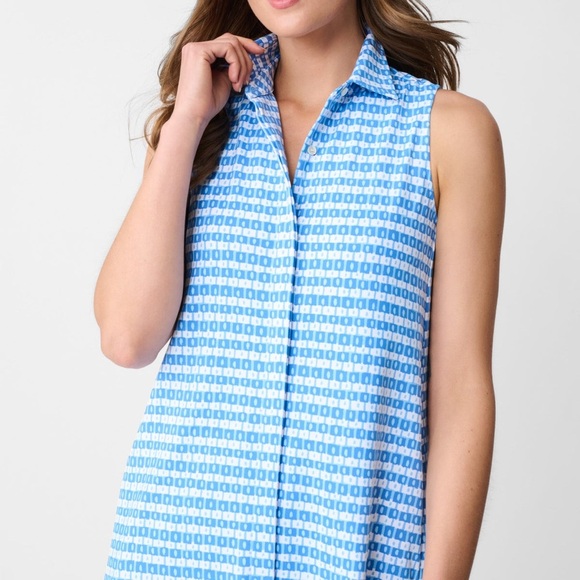 J. McLaughlin Collared Sleeveless Negin Dress in Aberdeen Geo Blue and White XS - Picture 3 of 11